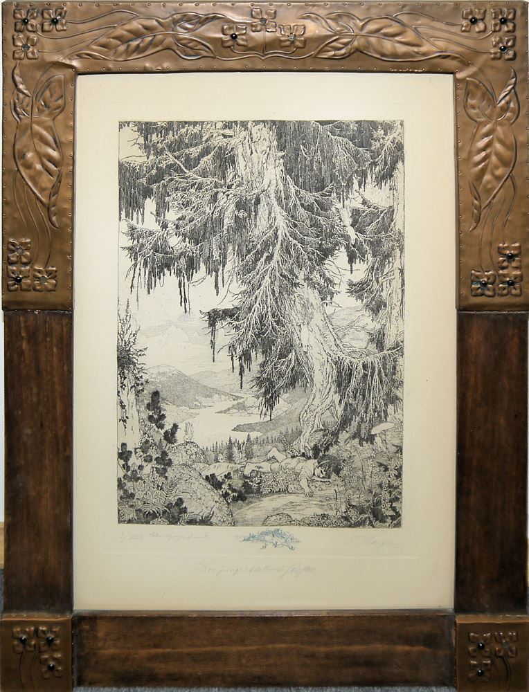 0703-Ferdinand Staeger, Glückliche Kindheit (Der junge Adalbert Stifter) und Esel-Mann und Schönheit, Radierungen, einmal von 1919, beide in schönen Jugendstil-Rahmen – Bild 3