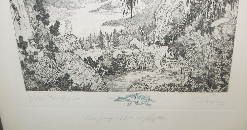 0703-Ferdinand Staeger, Glückliche Kindheit (Der junge Adalbert Stifter) und Esel-Mann und Schönheit, Radierungen, einmal von 1919, beide in schönen Jugendstil-Rahmen – Bild 4