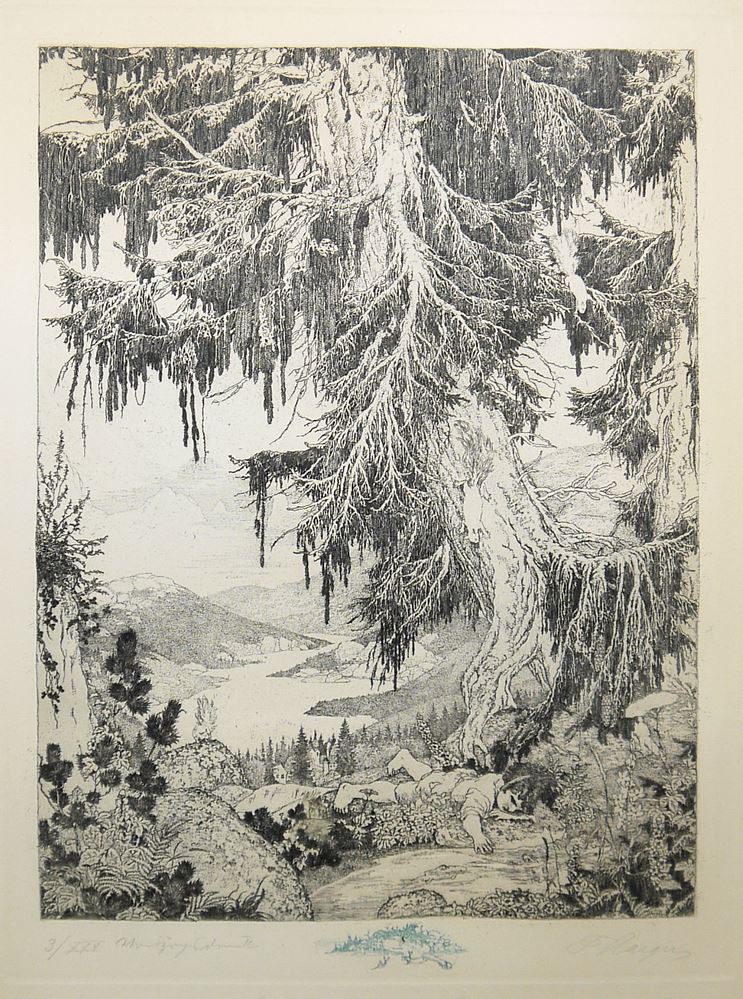 0703-Ferdinand Staeger, Glückliche Kindheit (Der junge Adalbert Stifter) und Esel-Mann und Schönheit, Radierungen, einmal von 1919, beide in schönen Jugendstil-Rahmen – Bild 5