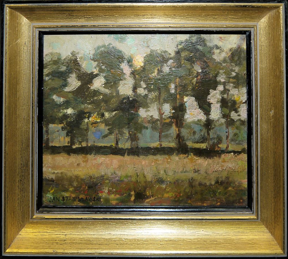 0704-Jan Stanislawski, Vollmond hinter Bäumen (Pełnia księżyca za drzewami), Ölgemälde um 1895