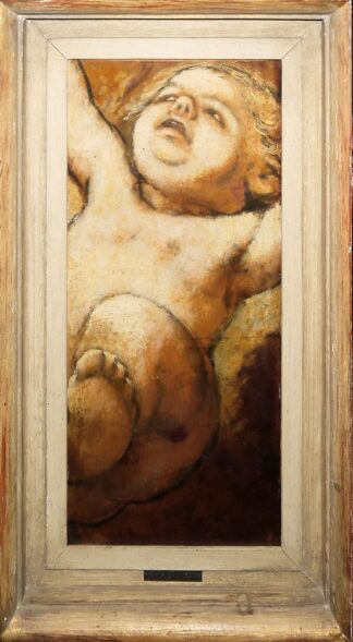 0706-Hans Thoma, Putto auf Tapete aus dem legendären Café Bauer, Frankfurt am Main, Ölgemälde von 1886 und Amor auf drei Delphinen, Radierung von 1908, beide gerahmt