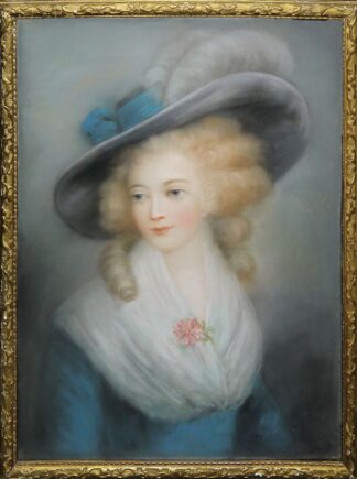 0710-Elisabeth Louise Vigée Le Brun, Cercle, Halbporträt einer jungen vornehmen Dame im großen Hut (Portrait à mi-corps d'une jeune dame de la haute société portant un grand chapeau), qualitätvolles, großes Pastell des 19. Jhs., original gerahmt