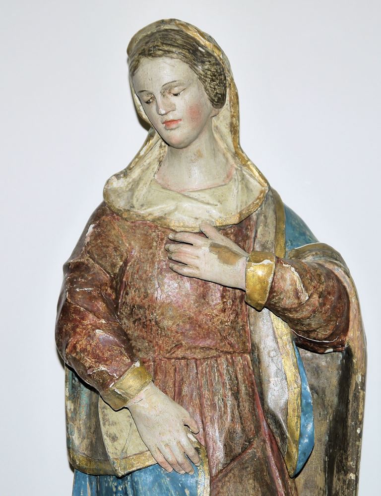 0720-Maria Verkündigung, polychrom gefasste Holzskulptur, süddeutsch/ alpenländisch 17. Jh. – Bild 2