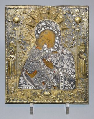 0736-Ikone Gottesmutter Wladimirskaja mit Perlenkleid und Oklad, Alderman-Punze, Moskau, 1790er Jahre