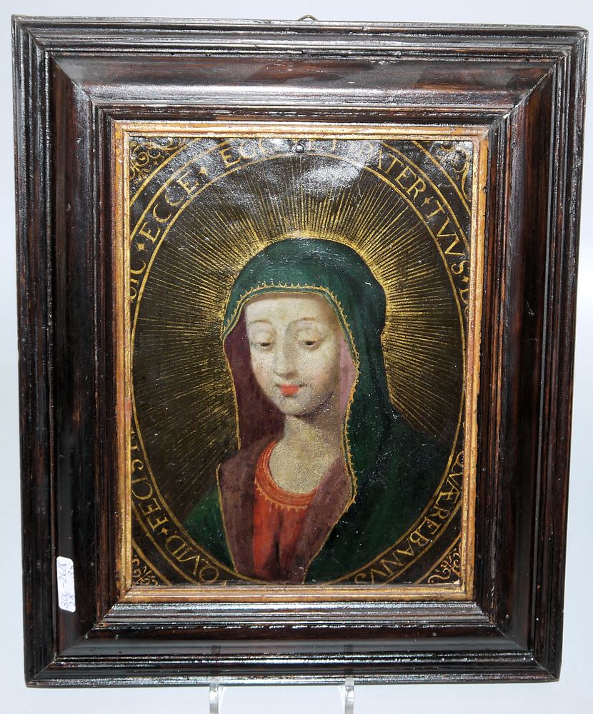 0739-Zwei russische Ikonen des 19. Jhs. & Andachtsbild des 18. Jhs.: Christus & Muttergottes Hodegetria, beide mit reichem Oklad sowie Jungfrau Maria Öl/ Kupfer, gerahmt – Bild 2