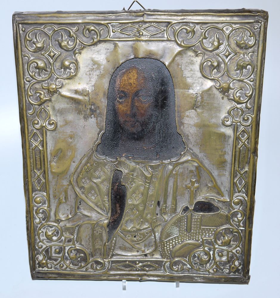 0739-Zwei russische Ikonen des 19. Jhs. & Andachtsbild des 18. Jhs.: Christus & Muttergottes Hodegetria, beide mit reichem Oklad sowie Jungfrau Maria Öl/ Kupfer, gerahmt – Bild 4