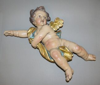 0747-Stürmender Putto, Holzskulptur im Barockstil, 20. Jh.