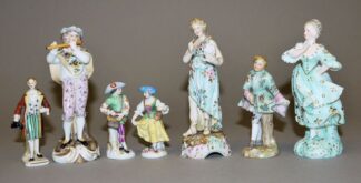 0802-Sieben kleine Porzellanfiguren, Kgl. Meißen, Volkstedt u.a., 19. & 20. Jh.