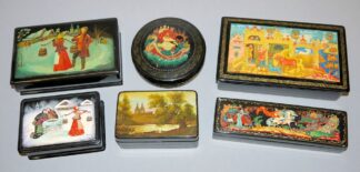 1023-Sechs russische Lackdosen mit Feinmalerei