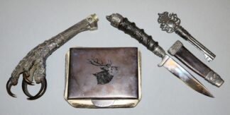 1026-Waidmännischer Zigarrenschneider, Brotmesser, Tabakdose und Systemschlüssel, 19.-20. Jh.