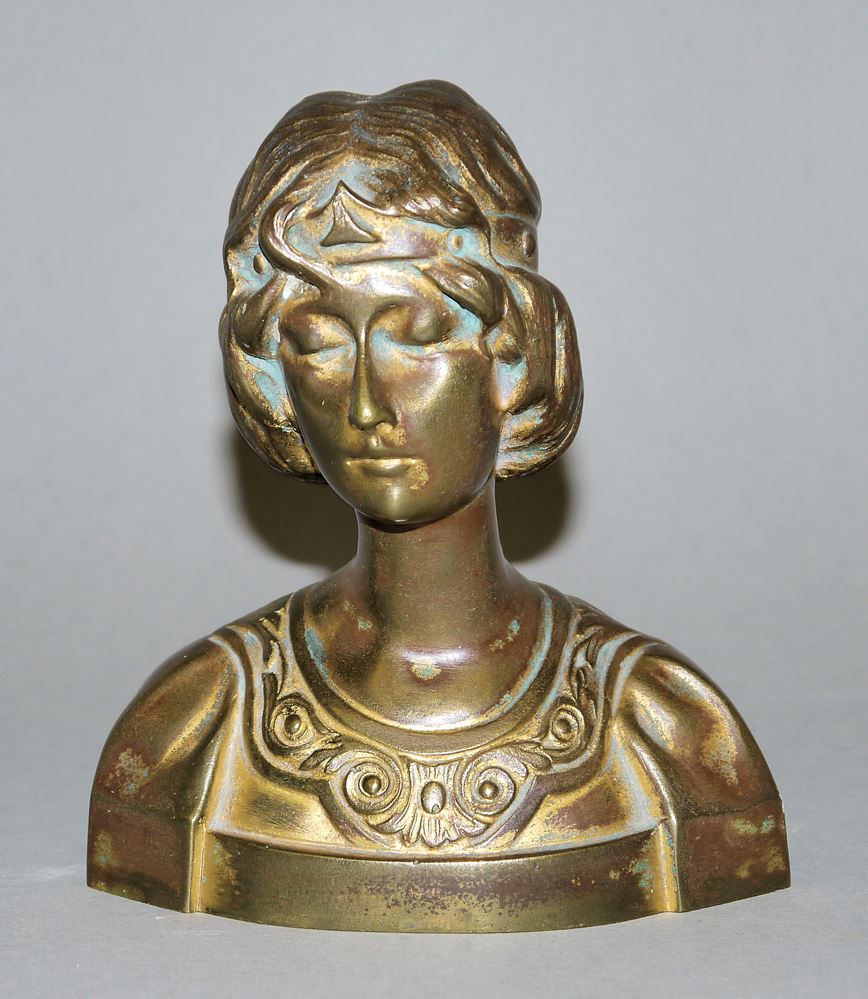1031-Renaissance-Jüngling und Jugendstil-Schönheit, zwei Büsten aus Majolika und Bronze um 1900 – Bild 2