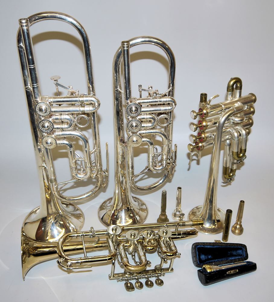 1058-Vier Konzerttrompeten von Scherzer, Markneukirchen und Golden Band Co. India – Bild 2